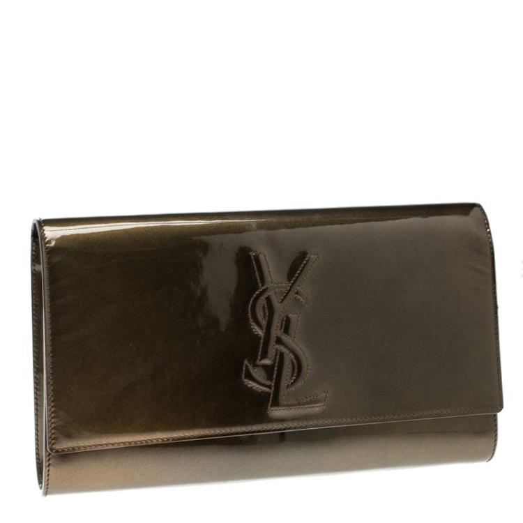Pre Owned Saint Laurent Olive Green Patent Leather Belle De Jour Flap Clutch