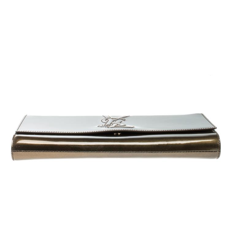 Pre Owned Saint Laurent Olive Green Patent Leather Belle De Jour Flap Clutch
