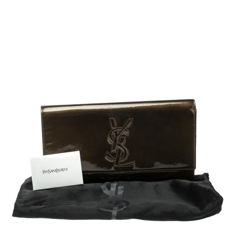 Pre Owned Saint Laurent Olive Green Patent Leather Belle De Jour Flap Clutch
