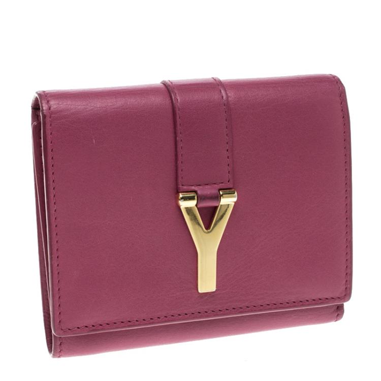 Pre Owned Saint Laurent Pink Leather Y Line Compact Wallet