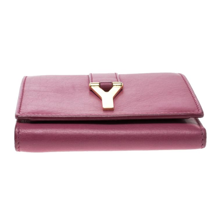 Pre Owned Saint Laurent Pink Leather Y Line Compact Wallet