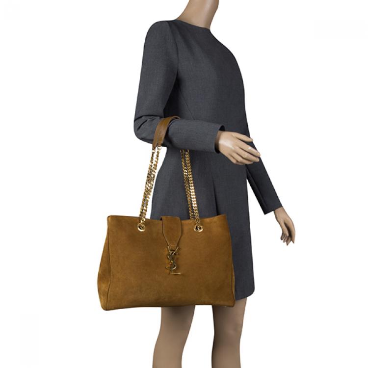 Pre Owned Saint Laurent Brown Suede Cassandre Chain Strap Shopper Tote