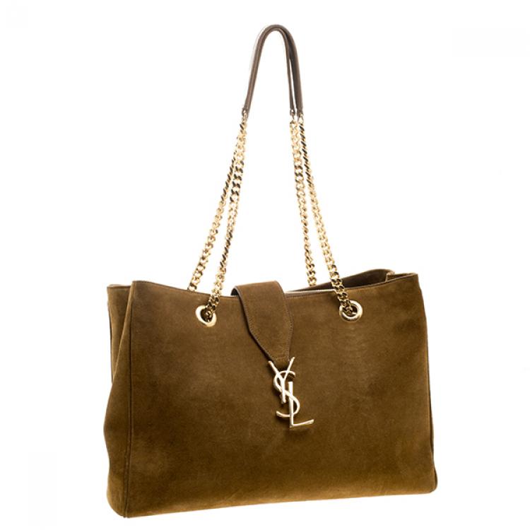 Pre Owned Saint Laurent Brown Suede Cassandre Chain Strap Shopper Tote