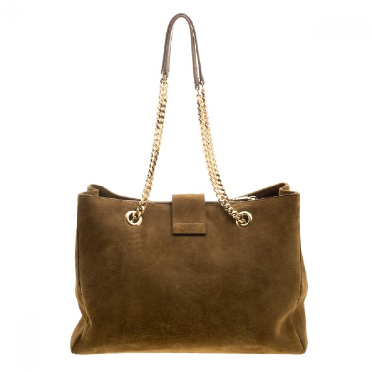 Pre Owned Saint Laurent Brown Suede Cassandre Chain Strap Shopper Tote
