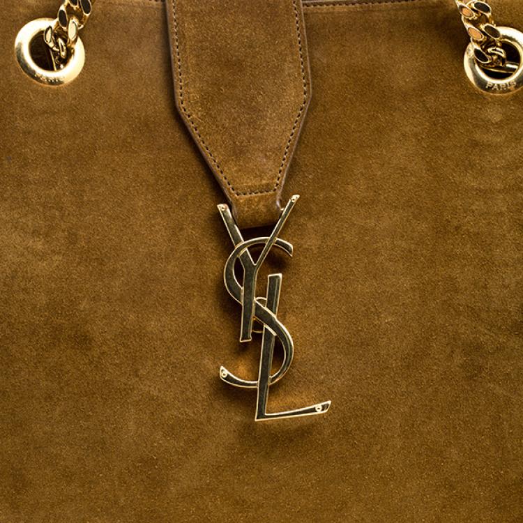 Pre Owned Saint Laurent Brown Suede Cassandre Chain Strap Shopper Tote