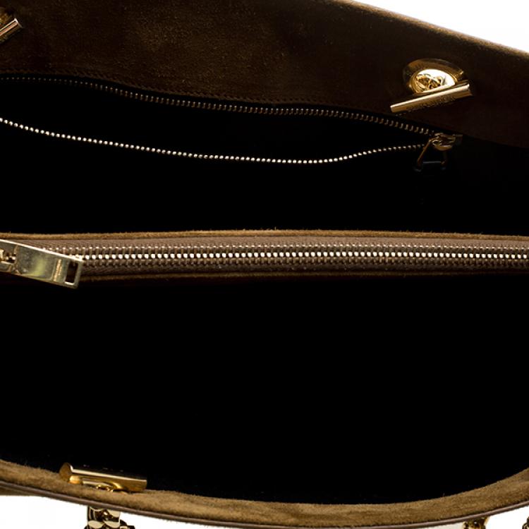 Pre Owned Saint Laurent Brown Suede Cassandre Chain Strap Shopper Tote