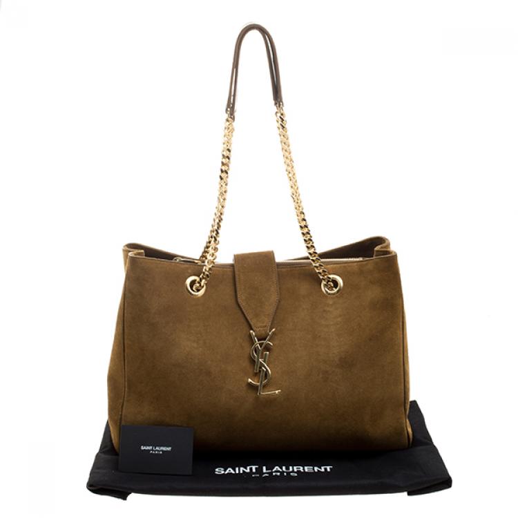 Pre Owned Saint Laurent Brown Suede Cassandre Chain Strap Shopper Tote