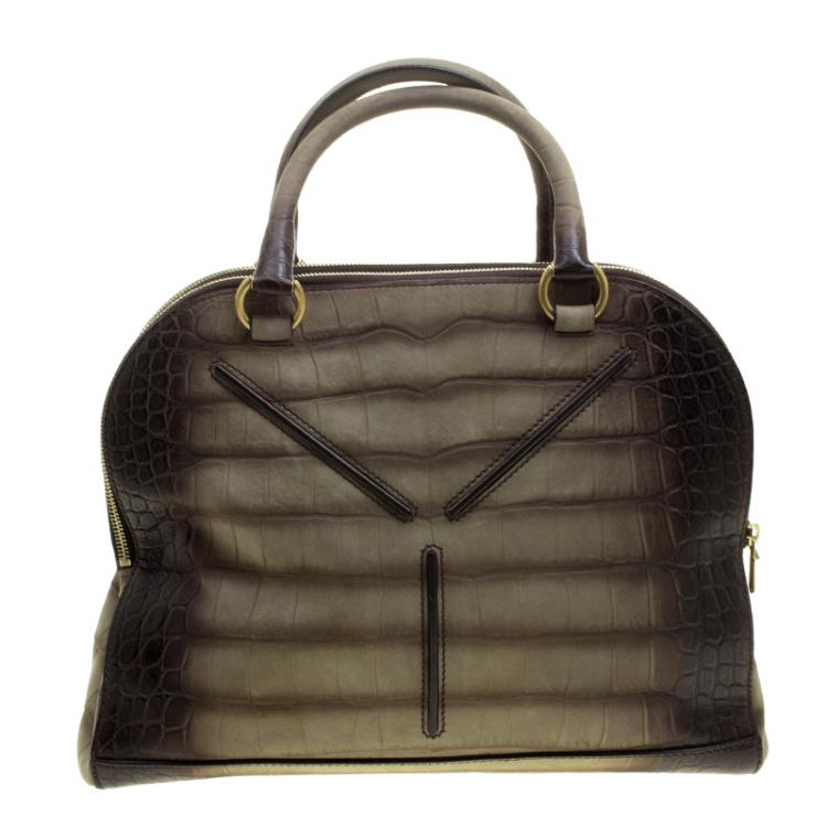 Pre Owned Saint Laurent Olive Green/Dark Brown Croc Embossed Leather YSL 32 Bag