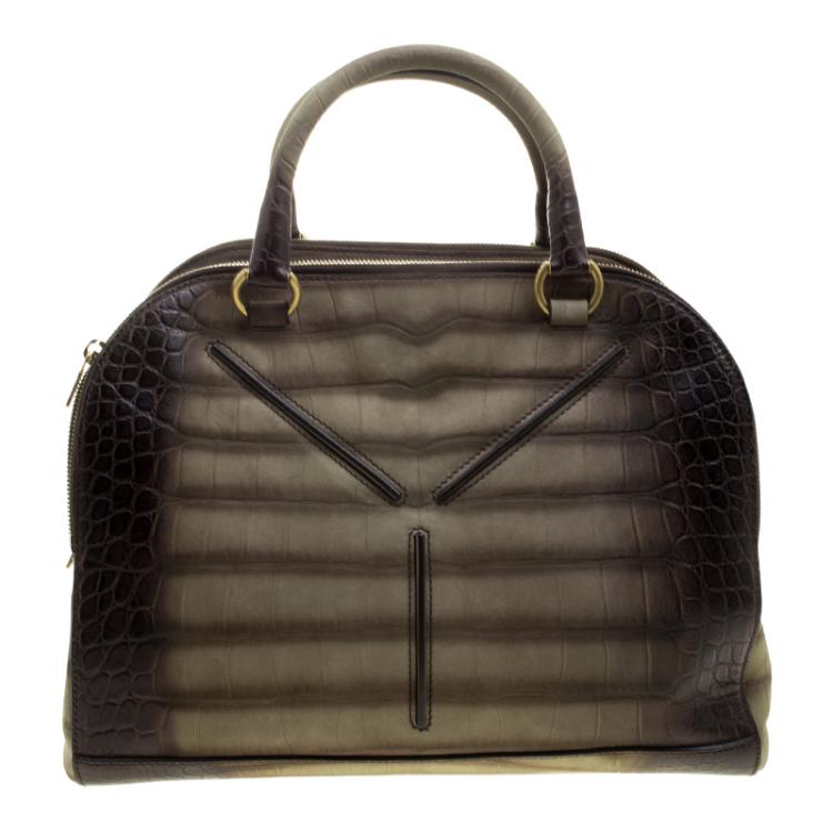 Pre Owned Saint Laurent Olive Green/Dark Brown Croc Embossed Leather YSL 32 Bag