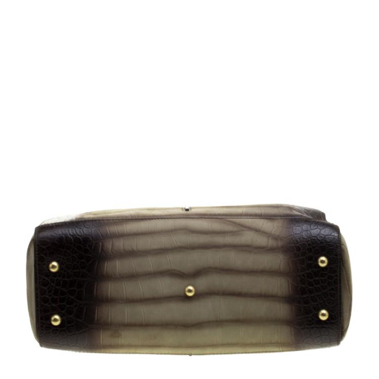 Pre Owned Saint Laurent Olive Green/Dark Brown Croc Embossed Leather YSL 32 Bag
