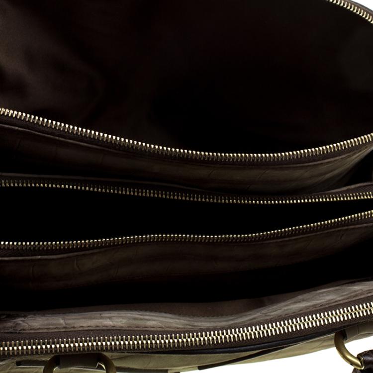 Pre Owned Saint Laurent Olive Green/Dark Brown Croc Embossed Leather YSL 32 Bag