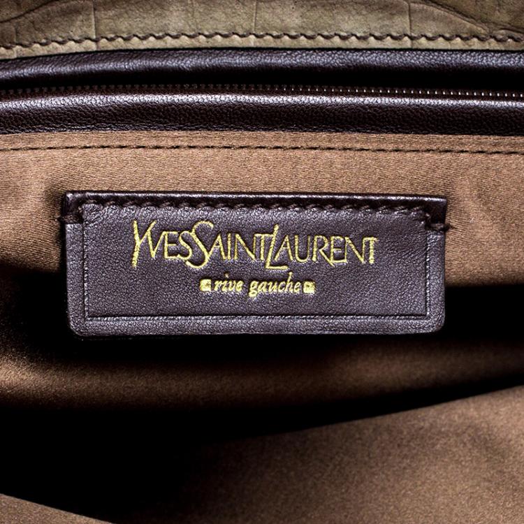 Pre Owned Saint Laurent Olive Green/Dark Brown Croc Embossed Leather YSL 32 Bag