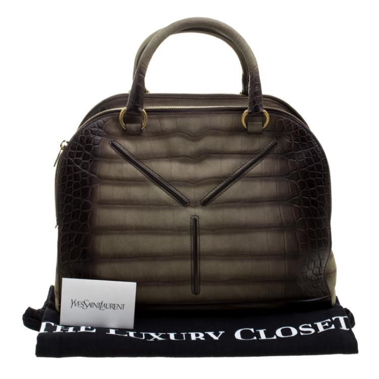 Pre Owned Saint Laurent Olive Green/Dark Brown Croc Embossed Leather YSL 32 Bag