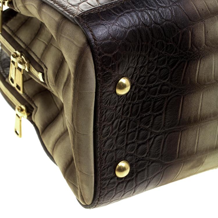 Pre Owned Saint Laurent Olive Green/Dark Brown Croc Embossed Leather YSL 32 Bag