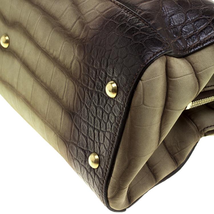 Pre Owned Saint Laurent Olive Green/Dark Brown Croc Embossed Leather YSL 32 Bag