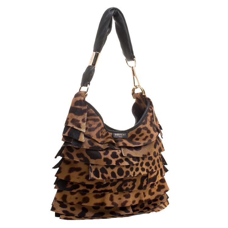 Pre Owned Saint Laurent Paris Brown Leopard Pony Hair St Tropez Hobo