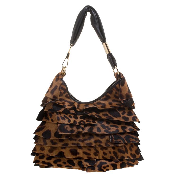 Pre Owned Saint Laurent Paris Brown Leopard Pony Hair St Tropez Hobo