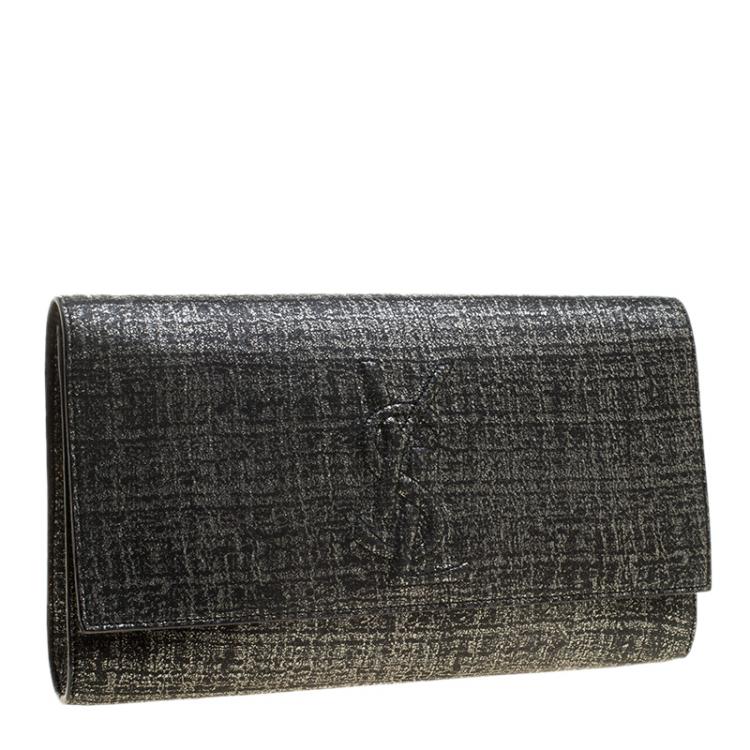 Pre Owned Saint Laurent Silver/Black Shimmering Canvas Belle De Jour Clutch