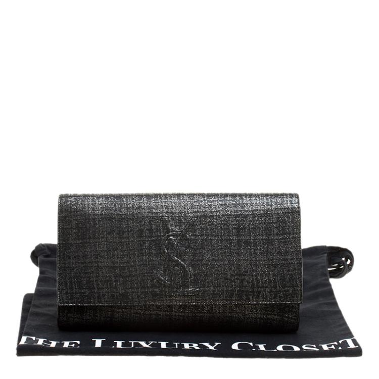 Pre Owned Saint Laurent Silver/Black Shimmering Canvas Belle De Jour Clutch