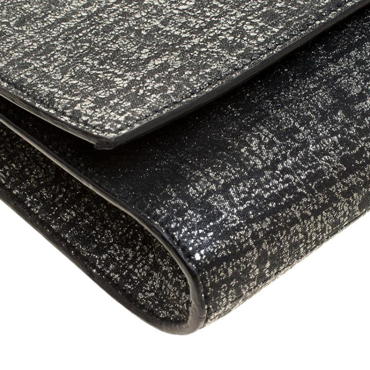 Pre Owned Saint Laurent Silver/Black Shimmering Canvas Belle De Jour Clutch