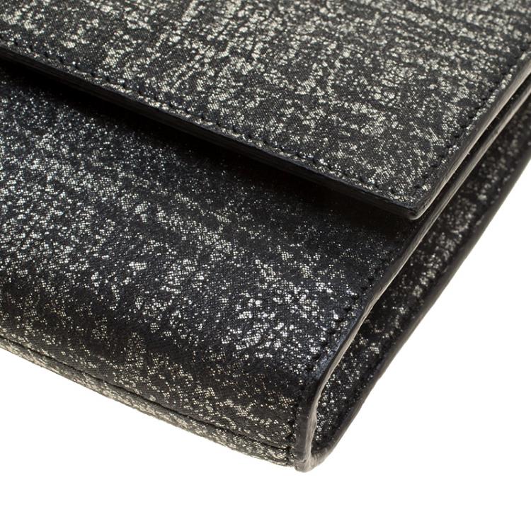 Pre Owned Saint Laurent Silver/Black Shimmering Canvas Belle De Jour Clutch