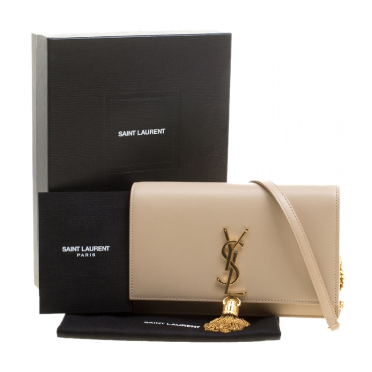 Pre Owned Saint Laurent Paris Beige Leather Kate Tassel Wallet On Chain