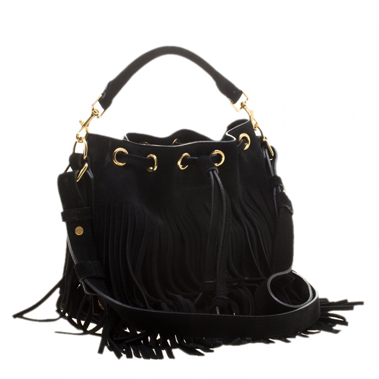 Pre Owned Saint Laurent Paris Black Suede Small Emmanuelle Fringed Bucket Bag