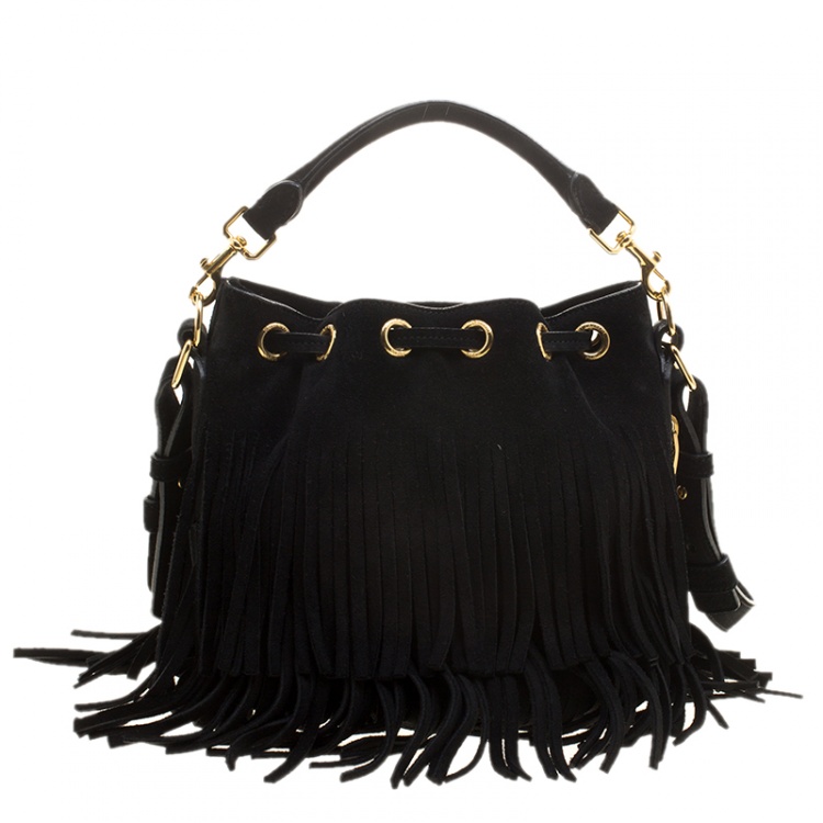 Pre Owned Saint Laurent Paris Black Suede Small Emmanuelle Fringed Bucket Bag