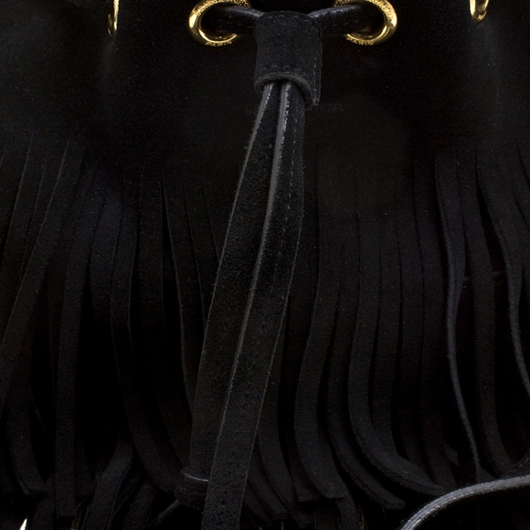 Pre Owned Saint Laurent Paris Black Suede Small Emmanuelle Fringed Bucket Bag