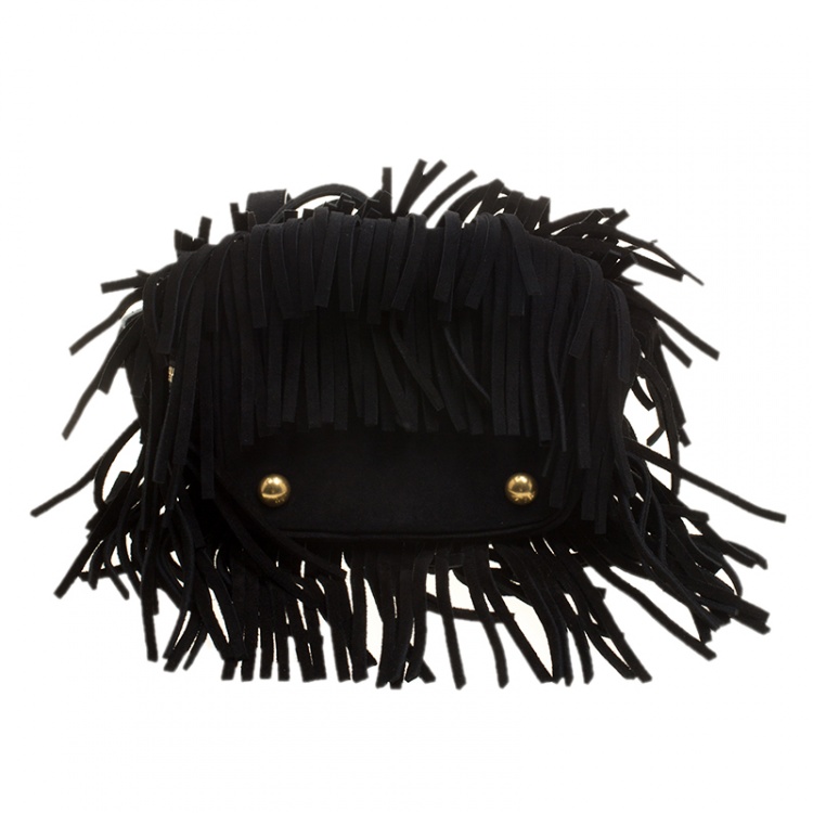 Pre Owned Saint Laurent Paris Black Suede Small Emmanuelle Fringed Bucket Bag