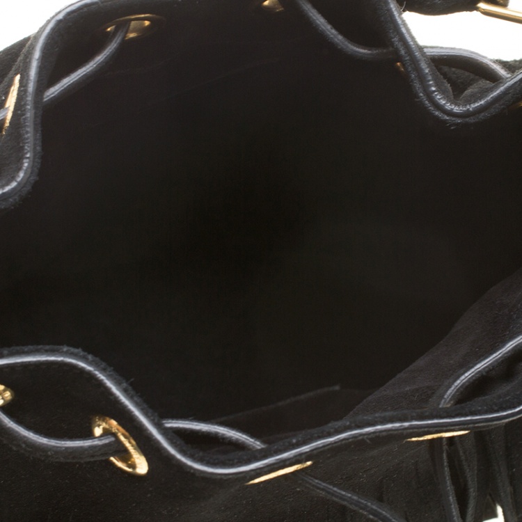 Pre Owned Saint Laurent Paris Black Suede Small Emmanuelle Fringed Bucket Bag