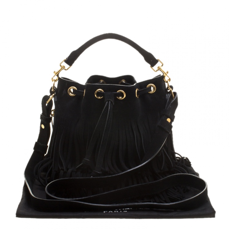 Pre Owned Saint Laurent Paris Black Suede Small Emmanuelle Fringed Bucket Bag