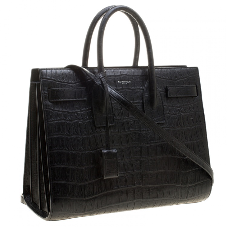 Pre Owned Saint Laurent Black Croc Embossed Leather Small Classic Sac De Jour Tote