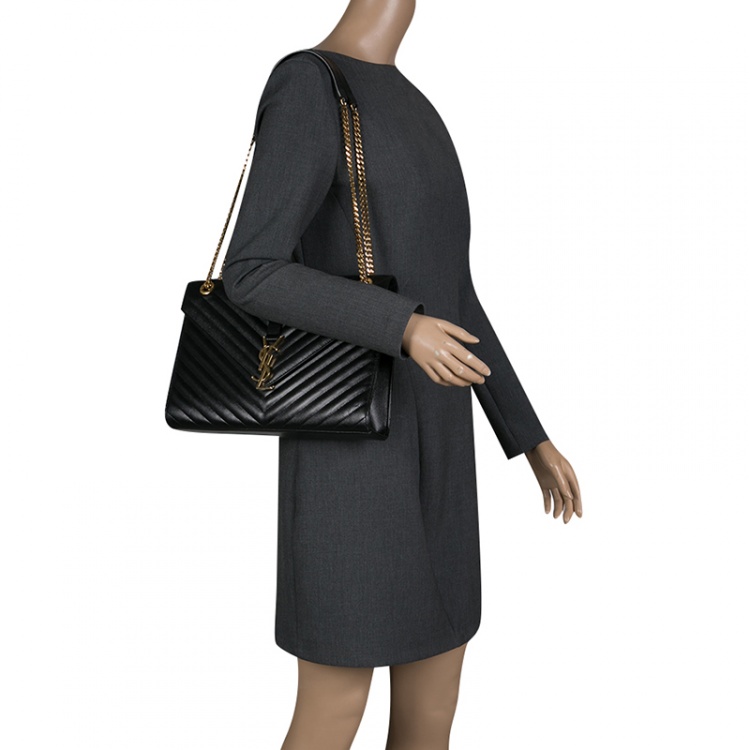 Pre Owned Saint Laurent Black Matelasse Leather Cassandre Shoulder Bag
