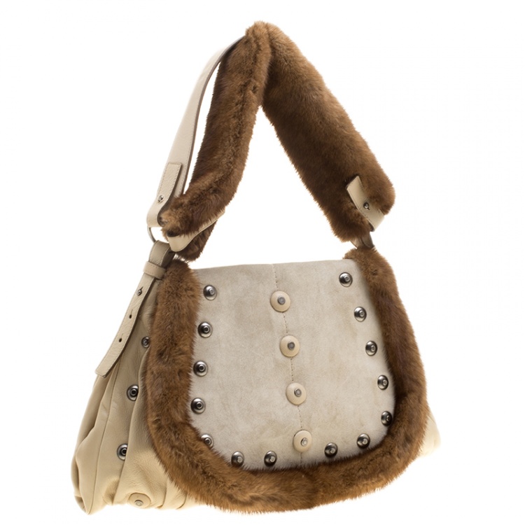 Pre Owned Saint Laurent Light Beige Leather/Suede and Fur Trim Shoulder Bag