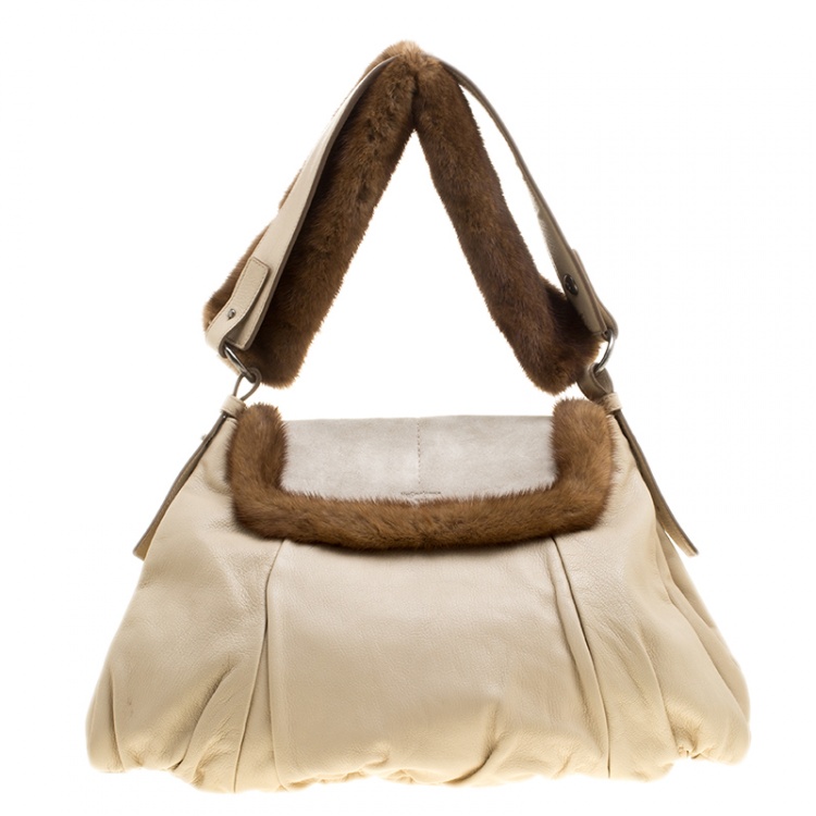 Pre Owned Saint Laurent Light Beige Leather/Suede and Fur Trim Shoulder Bag