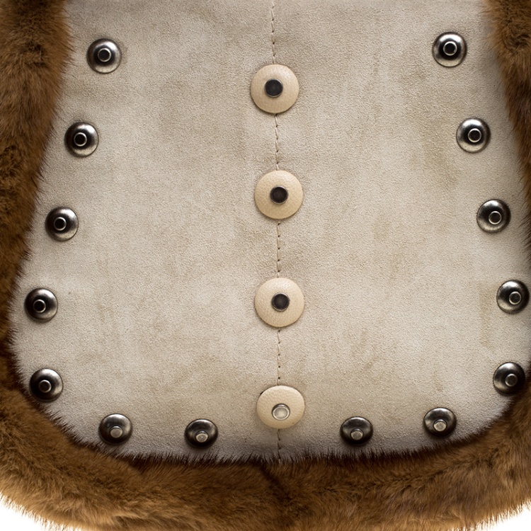 Pre Owned Saint Laurent Light Beige Leather/Suede and Fur Trim Shoulder Bag