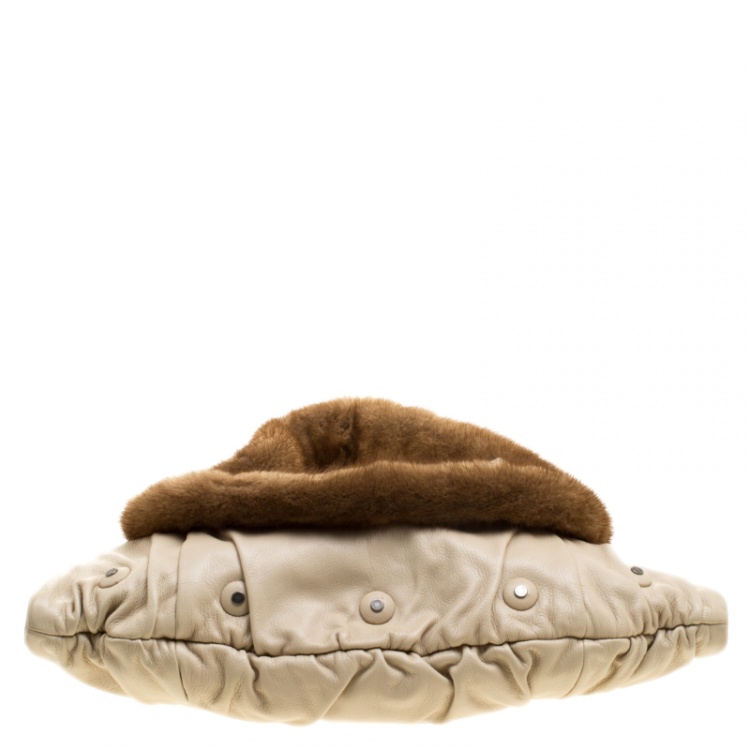 Pre Owned Saint Laurent Light Beige Leather/Suede and Fur Trim Shoulder Bag