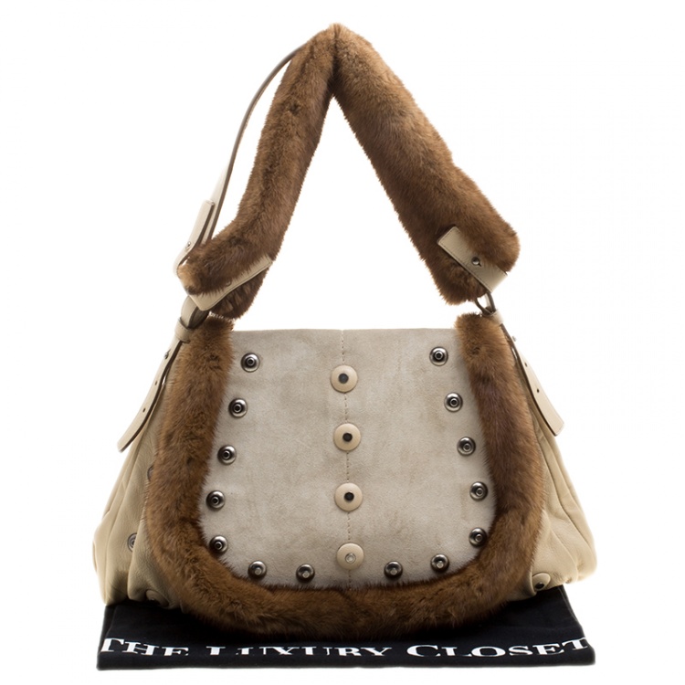 Pre Owned Saint Laurent Light Beige Leather/Suede and Fur Trim Shoulder Bag