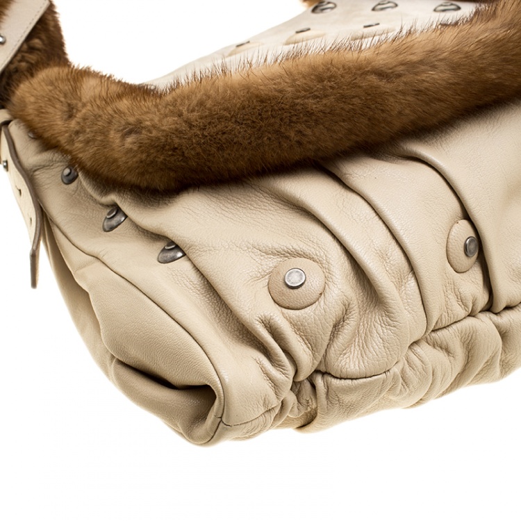 Pre Owned Saint Laurent Light Beige Leather/Suede and Fur Trim Shoulder Bag