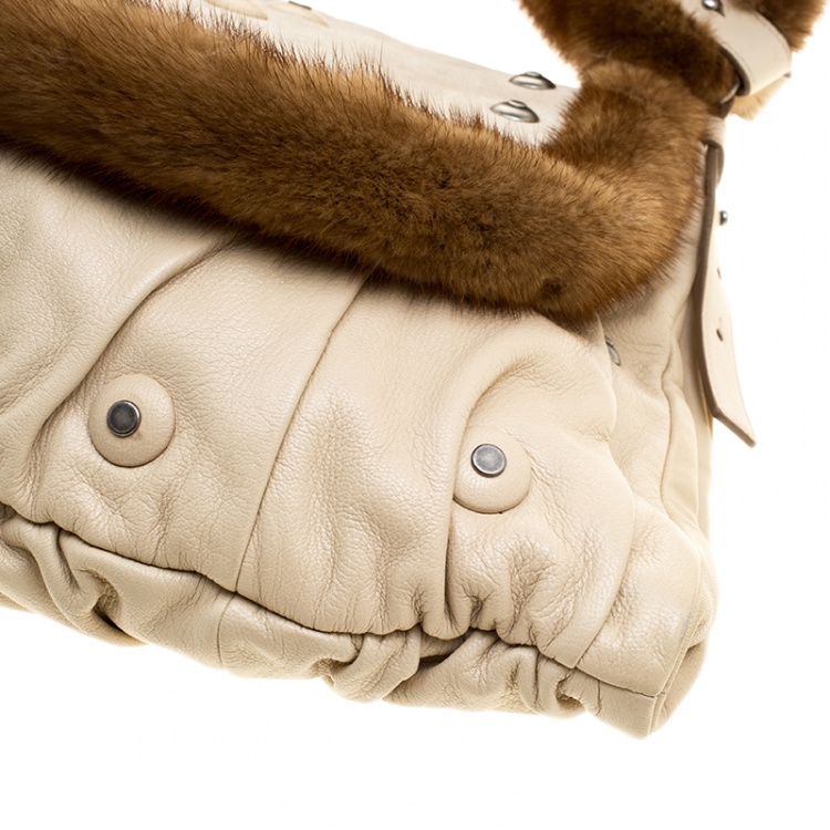 Pre Owned Saint Laurent Light Beige Leather/Suede and Fur Trim Shoulder Bag