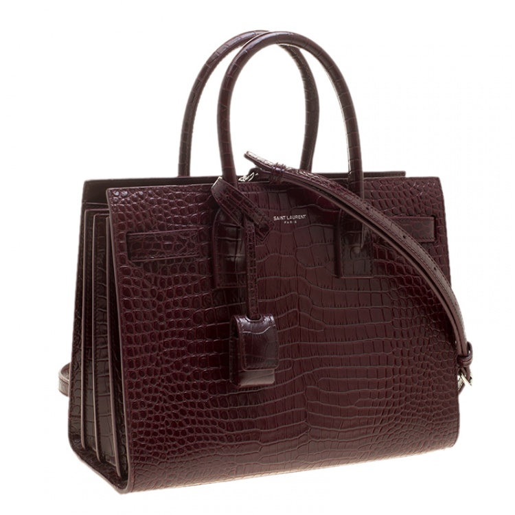 Pre Owned Saint Laurent Burgundy Croc Embossed Leather Baby Classic Sac De Jour Tote