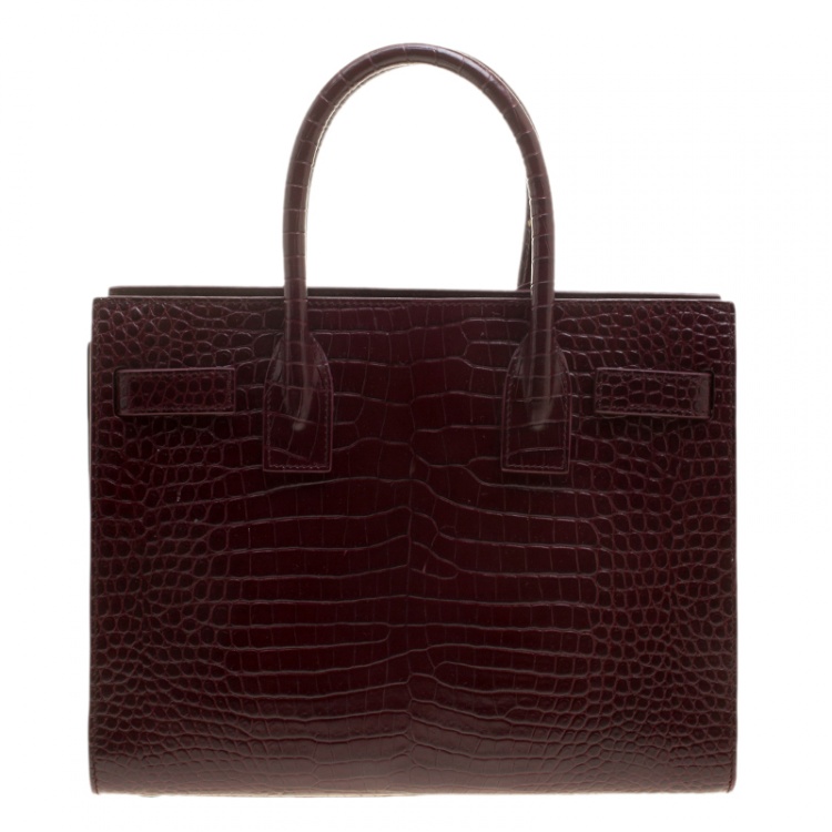 Pre Owned Saint Laurent Burgundy Croc Embossed Leather Baby Classic Sac De Jour Tote