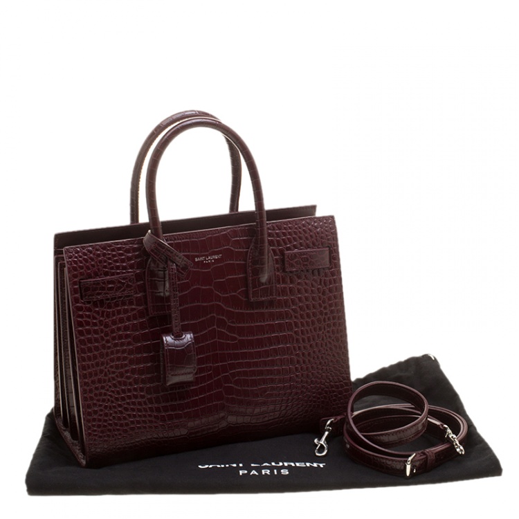 Pre Owned Saint Laurent Burgundy Croc Embossed Leather Baby Classic Sac De Jour Tote