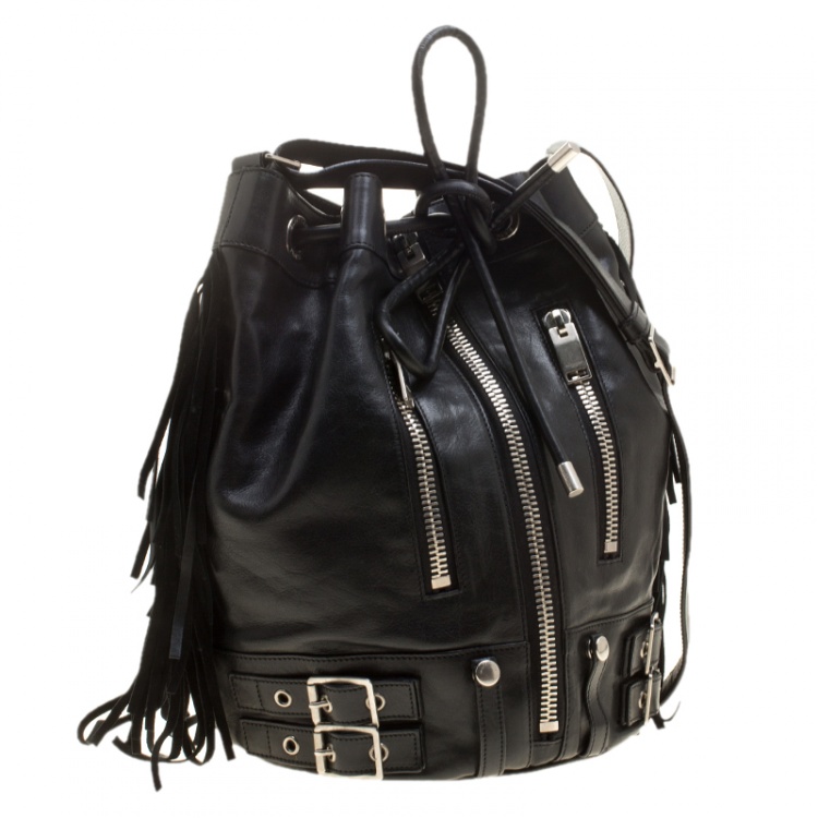 Pre Owned Saint Laurent Black Leather Rider Bucket Bag 