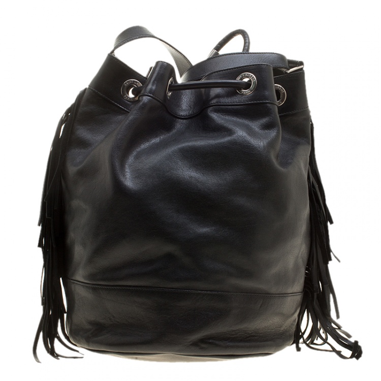 Pre Owned Saint Laurent Black Leather Rider Bucket Bag 