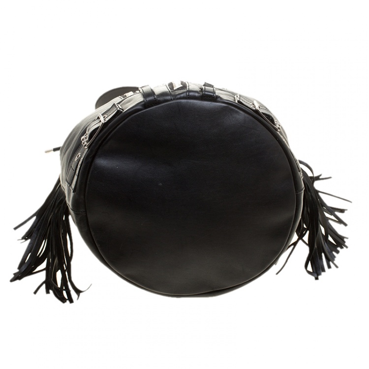 Pre Owned Saint Laurent Black Leather Rider Bucket Bag 