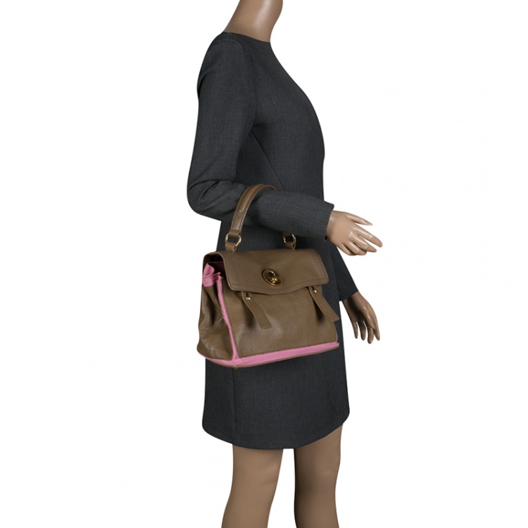 Pre Owned Saint Laurent Paris Taupe/Pink Leather and Canvas Muse Two Satchel