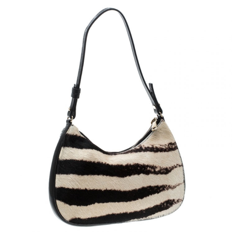Pre Owned Saint Laurent Paris Black /Off White Zebra Print Pony Hair and Leather Hobo
