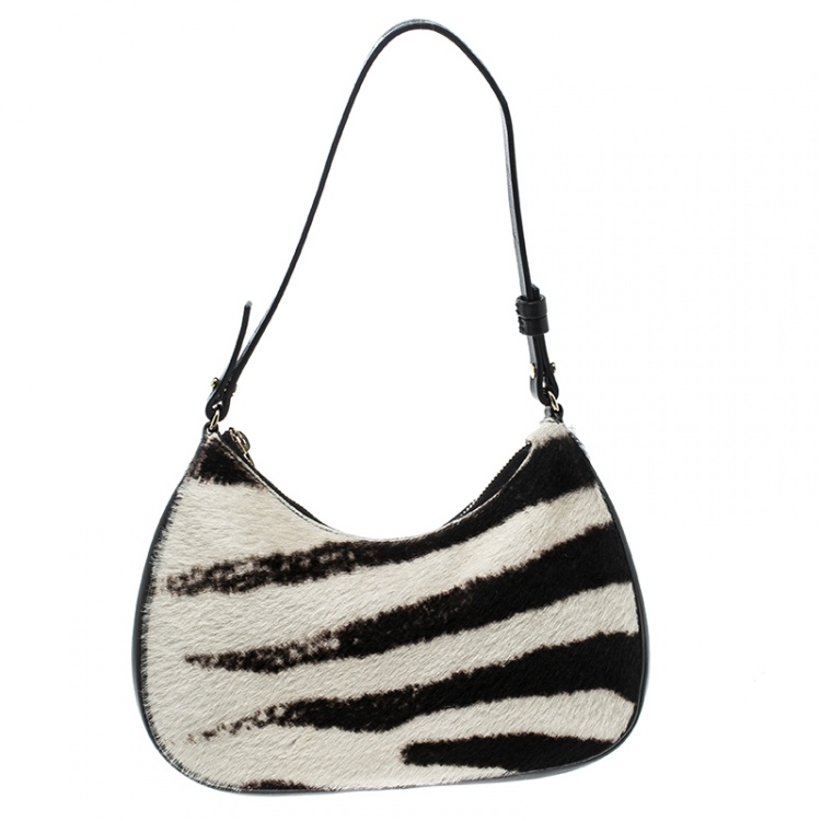 Pre Owned Saint Laurent Paris Black /Off White Zebra Print Pony Hair and Leather Hobo